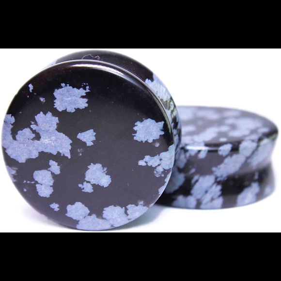 Black Obisidian grey ear gauges stone plugs gemstone studs saddle flared (pair) - Picture 1 of 2